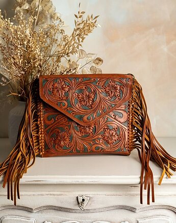 Torebka skórzana ręcznie rzeźbiona ciekawe wzory kopertówka, SempreArte
