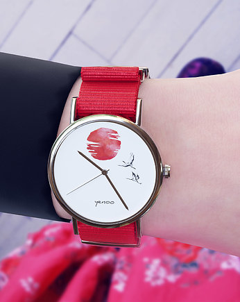 Zegarek - Japońskie żurawie 2 - czerwony, nylon, yenoo