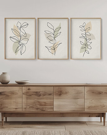 Zestaw 3 stylowych plakatów w stylu Boho, rośliny, liście, kwiaty, line art., Grawisfera