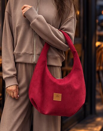 Torebka Hobo z zamszu tapicerskiego Czerwona, sabi tatka