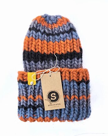 WOOLY COLOR "10"gruba wełniana czapka w paseczki, sploteka