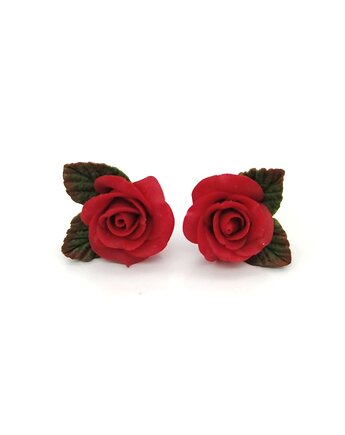 Kolczyki sztyfty bordowe kwiaty z zielonymi listkami handmade, Albina LaBelle