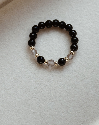 Pierścionek elastyczny Onyks i Kwarc Dymny, Chmolowska Jewellery