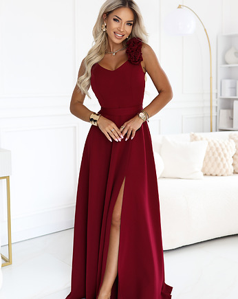 643-9 Elegancka wieczorowa suknia maxi z rozcięciem i różami - bordowa, NUMOCO