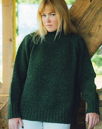 TAJRA - Oversizowy Sweter z Golfem Zielony Melanżowy 100% Wełny Merino, KOPYTO