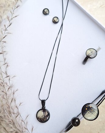 Komplet bizuterii z czarną akwarelą i dużym pierścionkiem, Slow Jewelry