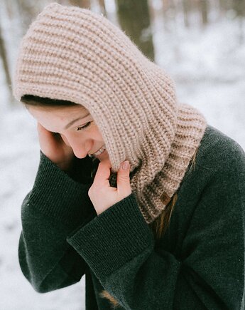 PUSZCZYK - Puchaty Kaptur Balaklava  Wełna Merino z Bawełna Beżowy, KOPYTO