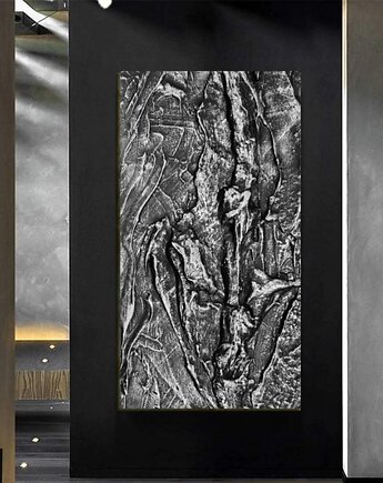 Obrazy do salonu -  metaliczny srebrna płaskorzeźba 80x160cm, art and texture