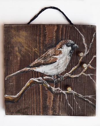 Ptak wróbel obraz miniatura malowany na desce /18/, Galeriai