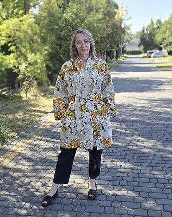 Kimono 100% len w kwiaty, wiązane paskiem., PinPin