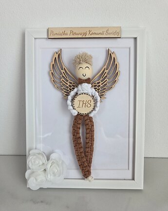 Wyjatkowy Anioł Stróż w ramce,ręcznie robiona pamiątka Komunii Chrztu, Ona Ci Zaplecie