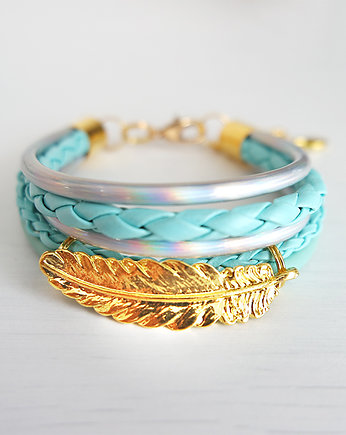 Bransoletka - Piórko - turkusowa, złota, yenoo