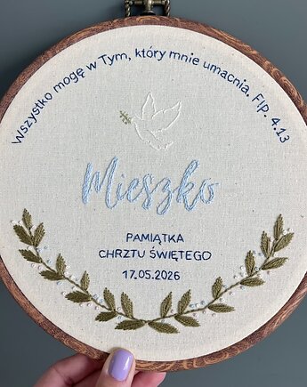 Tamborek haftowany, metryczka, pamiątka Chrztu Świętego, Boski Haft