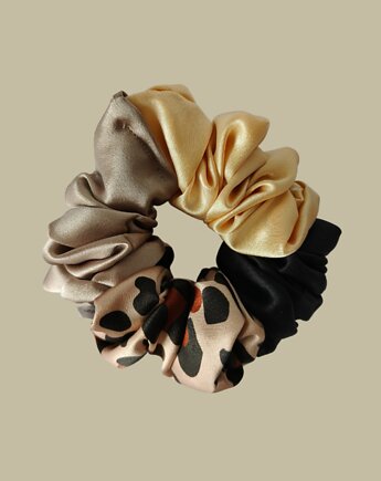 Gumka jedwabna, scrunchie, frotka beżowa panterka czarna orchidea MAXI, Capillum