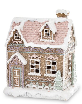 Domek piernikowy LED 15x12,5x9,5 cm z różowym dachem, MIA home