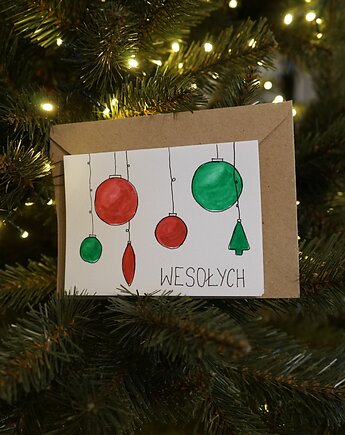 Kartka Świąteczna Wesołych Bombki, akwarela., decotyw