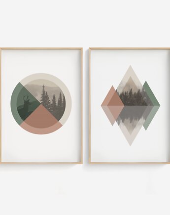 Zestaw 2 geometrycznych grafik na ścianę, skandynawski styl, nordic style., Grawisfera