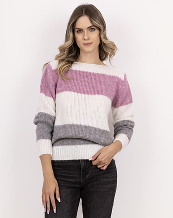 Sweter w szerokie, kontrastowe pasy - SWE290 ecru/szary/róż MKM, MKMswetry