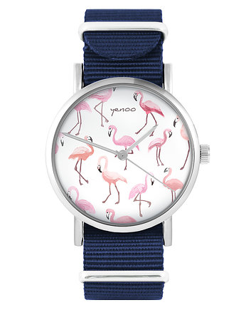 Zegarek - Flamingi - granatowy, nylonowy, yenoo
