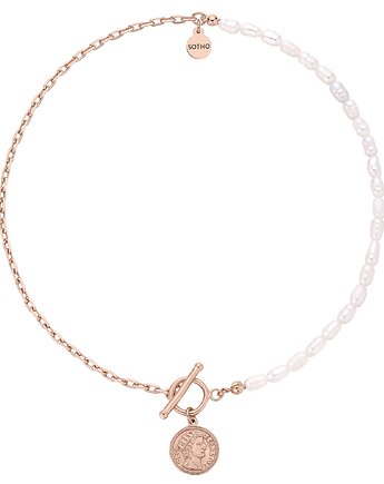 Naszyjnik z naturalnych pereł zdobiony monetą z różowego złota, SOTHO
