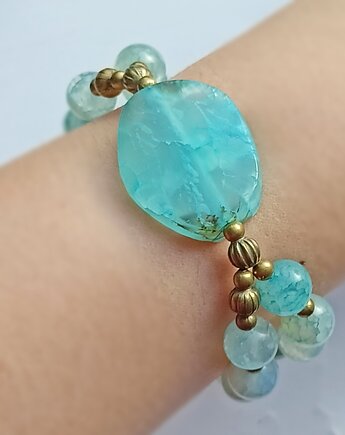 UNIKATOWA bransoletka : okazała : agat aqua : stare złoto : DUŻY ROZMIAR, kaktusia