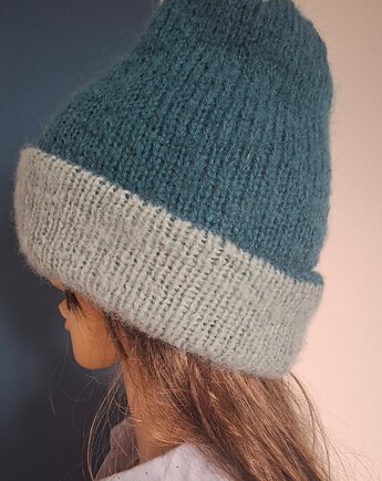 Czapka Fluffy z alpaki dwustronna  petrol - jasny morski, Knit Couture