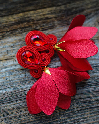 Czerwone  kolczyki soutache z kwiatami, Mró Soutache