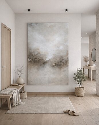 Duży obraz abstrakcja w neutralnych beżach i bieli XXL 150 x 90 cm, Diana Abstract Art