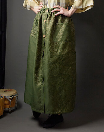 Spódnica zielono -złota w stylu vintage zapinana na guziki, soie star