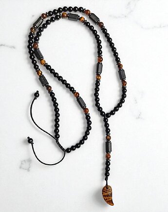 WING : tygrysie oko, onyks, turmalin : naszyjnik długi : skrzydło anioła, kaktusia