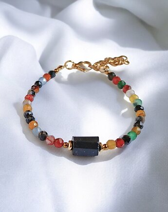Czarny turmalin i agat jesienny : bransoletka z regulacją, kaktusia