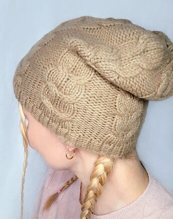 Kaszmirowa czapka- czapka z kaszmiru 100% beżowa warkocz, BAJKA projekt