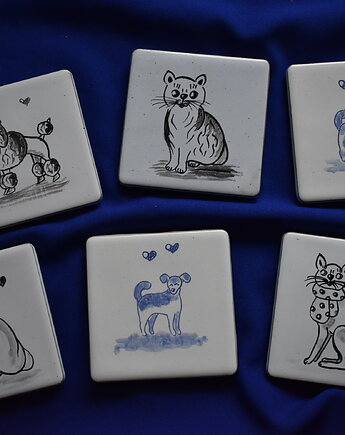 Podkładki pod kubki kafelki psy koty kobaltowe, Kobaltowa Sroka