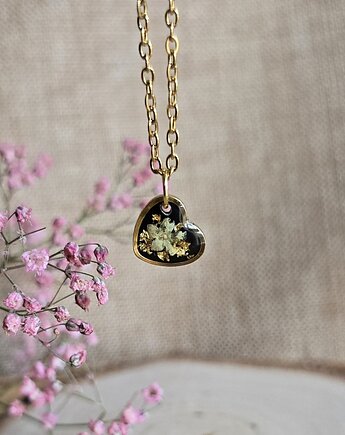 Złota zawieszka wisiorek kwiaty serce serduszko czarne dla dziewczynki, zkwiatem