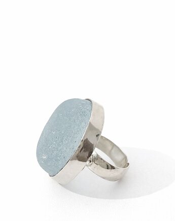 Srebrny pierścionek regulowany ze szkłem morskim, bluewavestudio