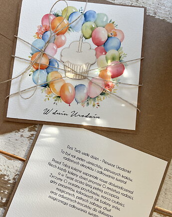 Ręcznie robiona kartka dla dziecka na urodziny - roczek, sorte