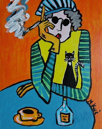 Obraz  fowizm dama babcia z kotkiem i fajką, alice oil on canvas