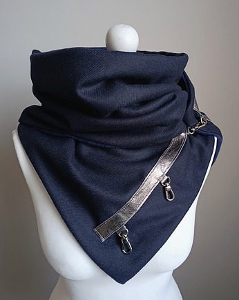 Szal wełniany granatowy z metaliczną skórą - piękny, Green Sheep