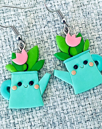 Wiszące kolczyki konewka i różowy tulipan, OMIFIMO