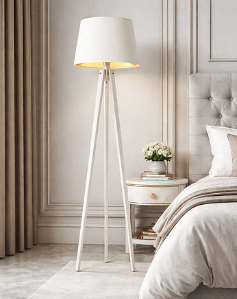 Nowoczesna lampa podłogowa CURACAO GOLD lampa stojąca drewniany trójnóg, LYSNE