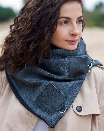 Szal wełniany ze skórą, Komin Unisex Grafitowy, Green Sheep