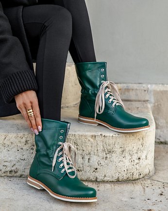 SZNUROWANE BOTKI WORKERY - SKÓRA NATURALNA - MODEL 424 - KOLOR ZIELONY, Zapato