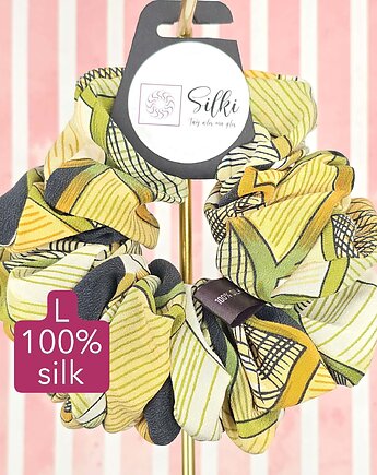 L średnia gumka do włosów jedwab naturalny scrunchie zielona żółta, Silki