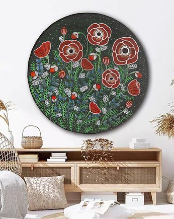 Sale! Akryl na okrągłym płótnie. Maki na łące, Malgorzata Domanska