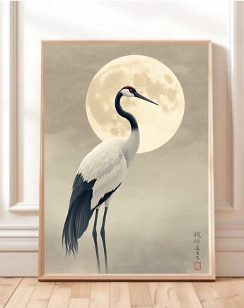PLAKAT żuraw ,vintage japońska sztuka ścienna, księżyc ilustracja, japandi, black dot studio