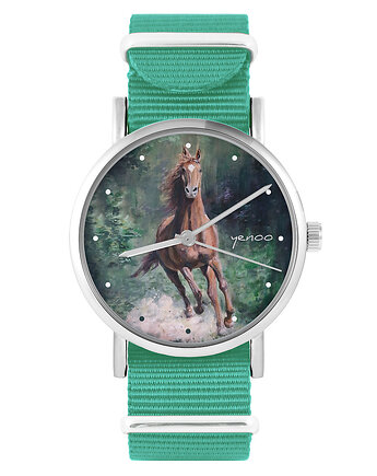 Zegarek -  Koń, las - turkusowy, nylonowy, yenoo