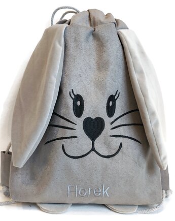 Worek szary dla przedszkolaka z imieniem zajączek uszy, Made by Joan