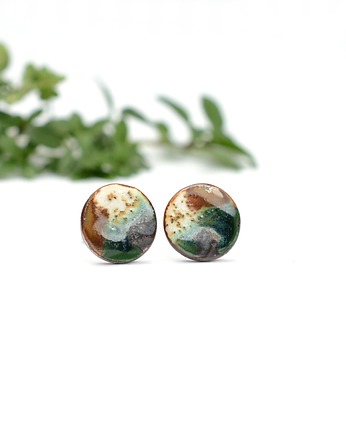Kolczyki zielone krajobrazy-sztyfty ceramiczne, Dorca