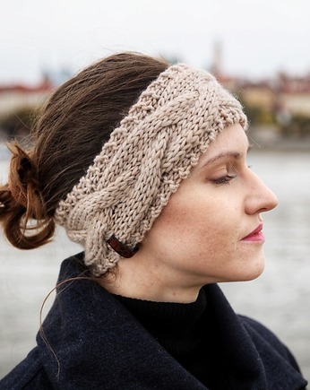 Beżowa wełniana opaska w warkocze, Holy Alpaca Knit