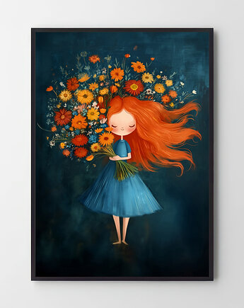 Plakat Czerwone włosy, niebieska sukienka i ognisty bukiet, Harvest Maison